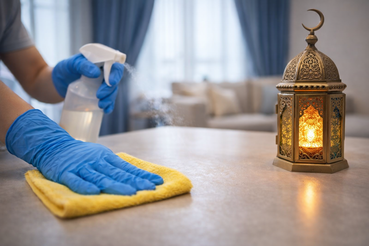 Čišćenje za Ramazan – dezinfekcija i brisanje površina u domu uz dekorativnu ramazansku lampu